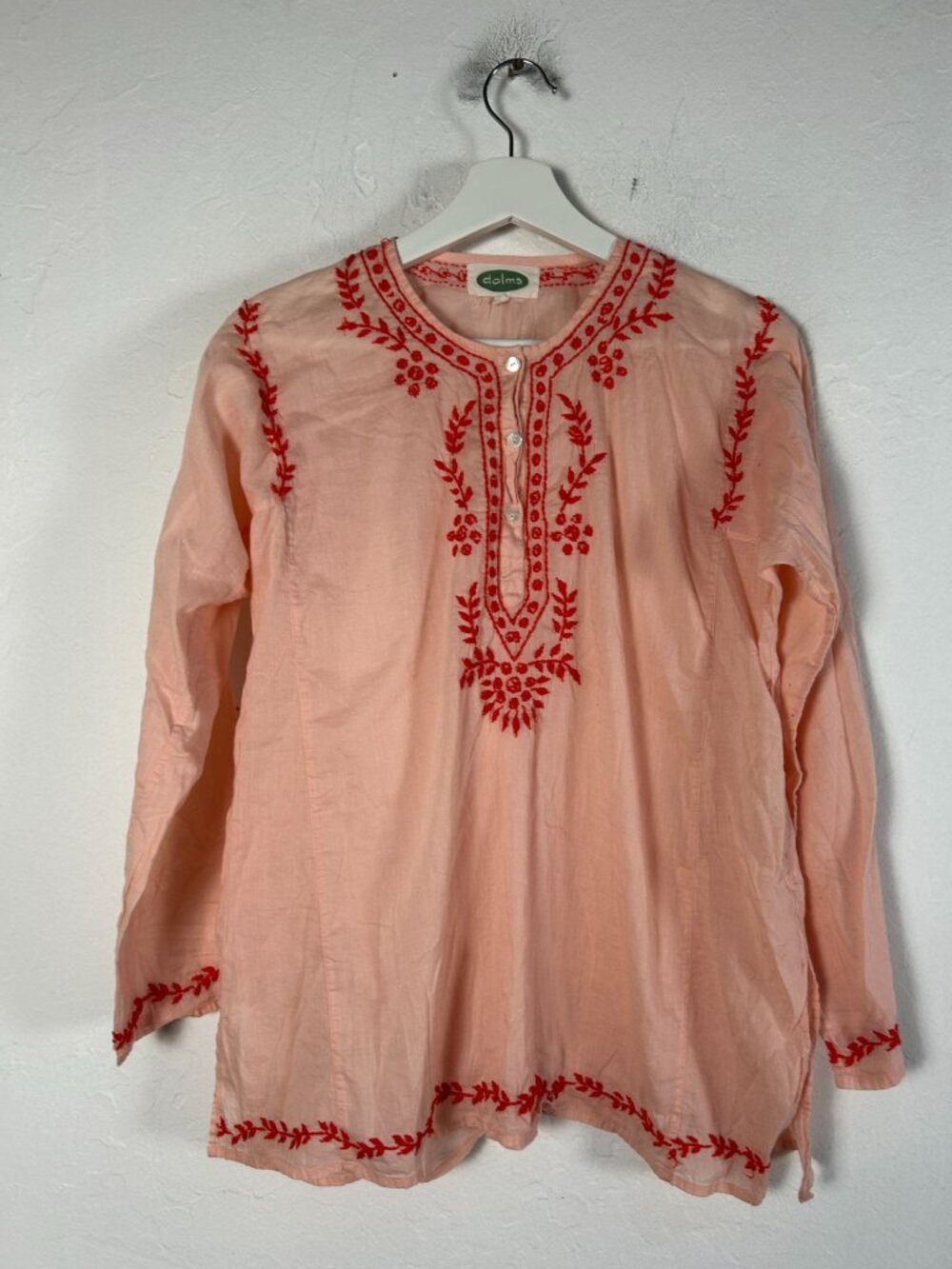 Dolma Anthropologie Womens Pink Embroidered Boho Top Blouse Large Long Sleeve